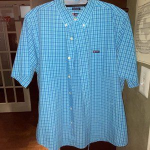 Large short sleeve blue plaid Chaps button down shirt.